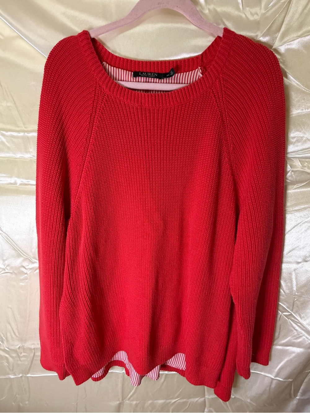 Lauren Ralph Lauren Sweater Womens 2X Red Cotton Layered Striped Hem Plus Size